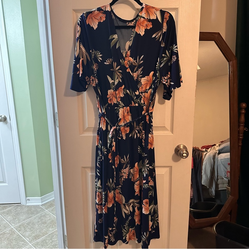 Navy floral faux wrap midi dress
